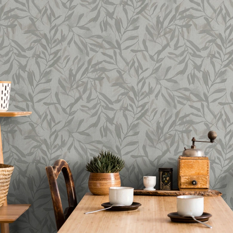 Vliestapete in Beige Grau Blätter Blattoptik Vintage Floral Natur  