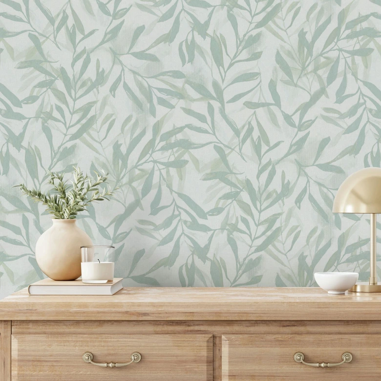 Vliesbehang in wit groen bladlook vintage bloemige natuur  