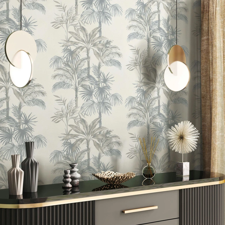 Vliestapete in Beige Bäume Blätter Dschungel Floral Natur  