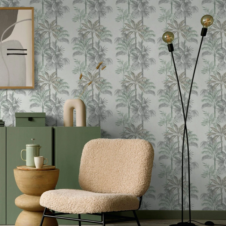 Vliestapete in Grau Grün Bäume Blätter Dschungel Floral Natur  