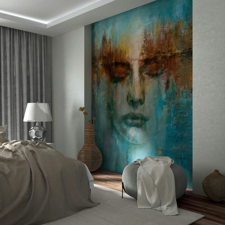 Fotobehang in groen met abstracte gezichtsgrafiek modern 2,70 x 2,12m 
