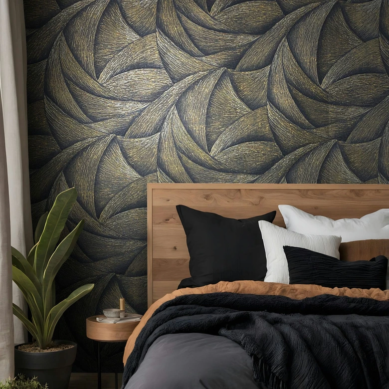 Vliesbehang in zwart, goud 3D-look golvend grafisch modern 