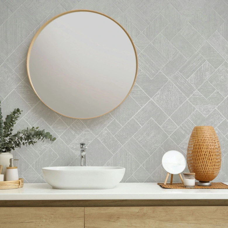 Tapeta z włókniny w białą szachownicę, geometryczny wzór w romby 