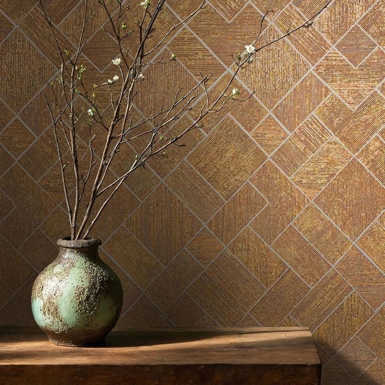 Vliesbehang in goud geblokt, grafisch geometrisch ruitpatroon 