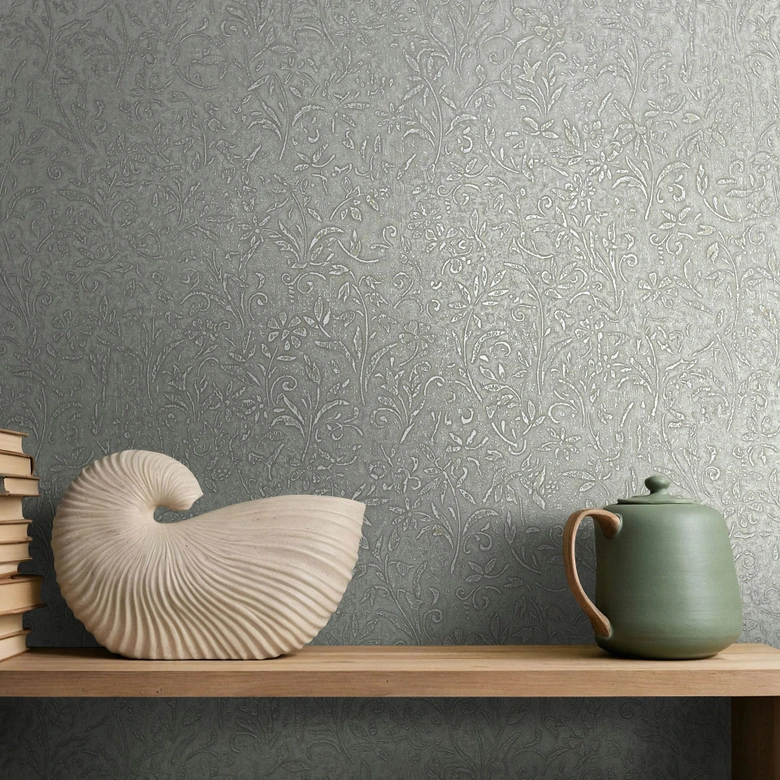 Vliestapete in Grau Blattmotiv Floral Natur 