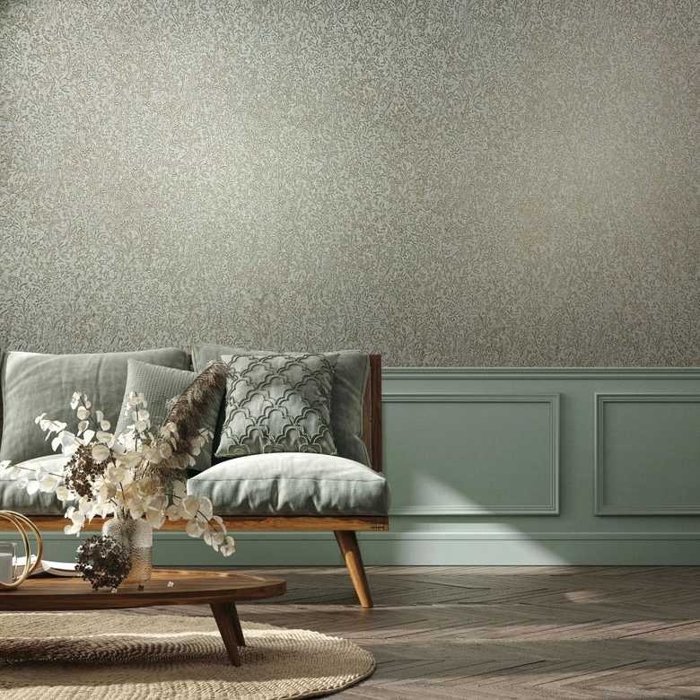 Vliestapete in Blau, Gold Blattmotiv Floral Natur 