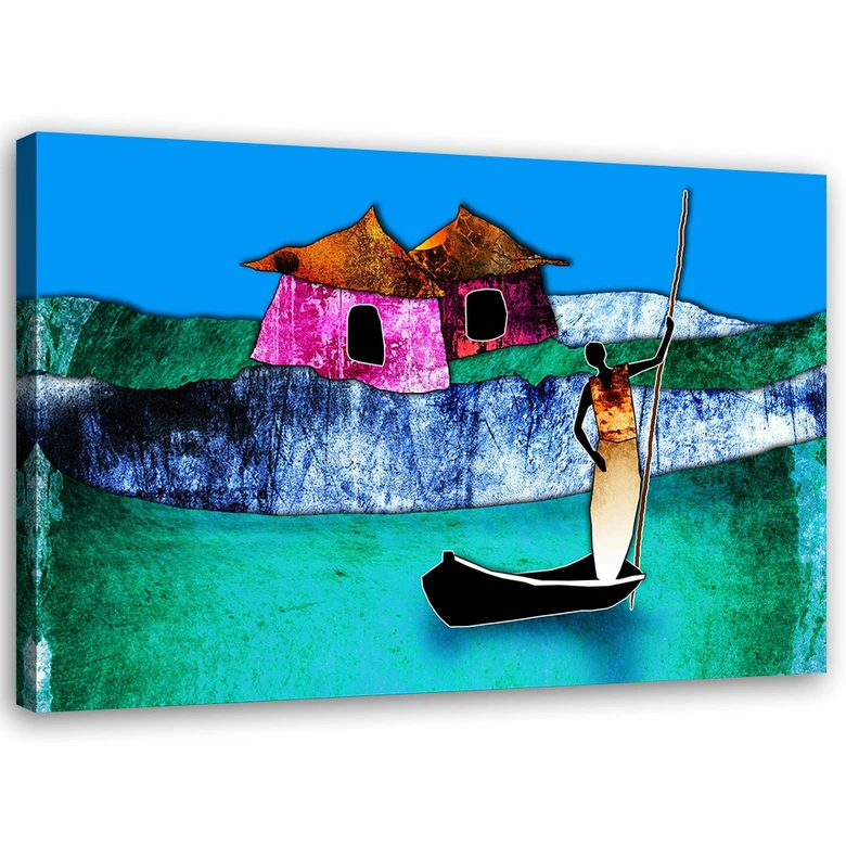 Canvas schilderij, Afrikaanse vrouw in een boot 