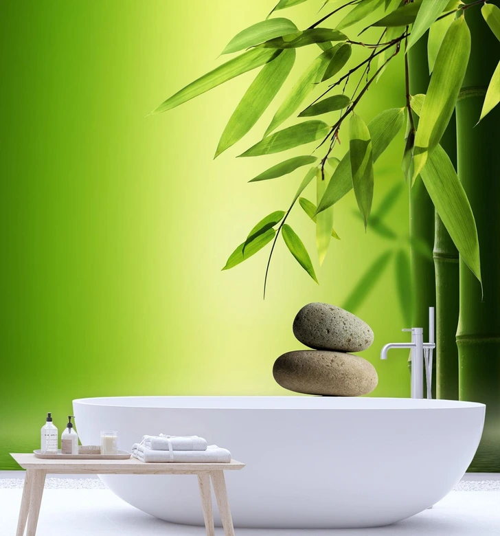 Fototapete, Bambusblätter auf grünem Hintergrund 