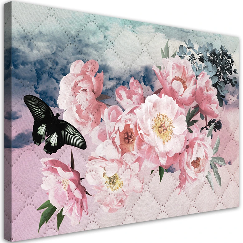 Leinwandbild, Rosa Blumen und Schmetterling 
