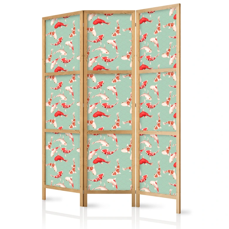 Japanischer Paravent, Raumteiler freistehend, Trennwand - Fish and Japanese Pattern 