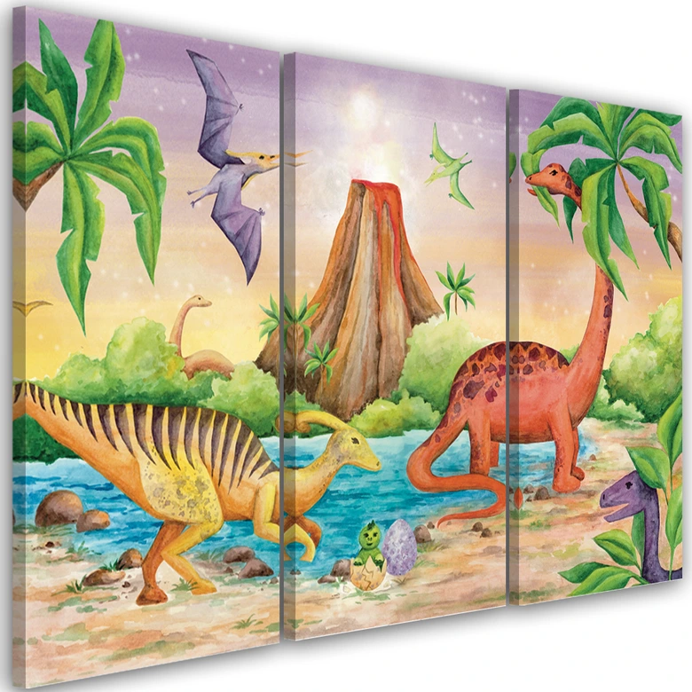 Leinwandbild 3 teilig, Dinosaurier am See 