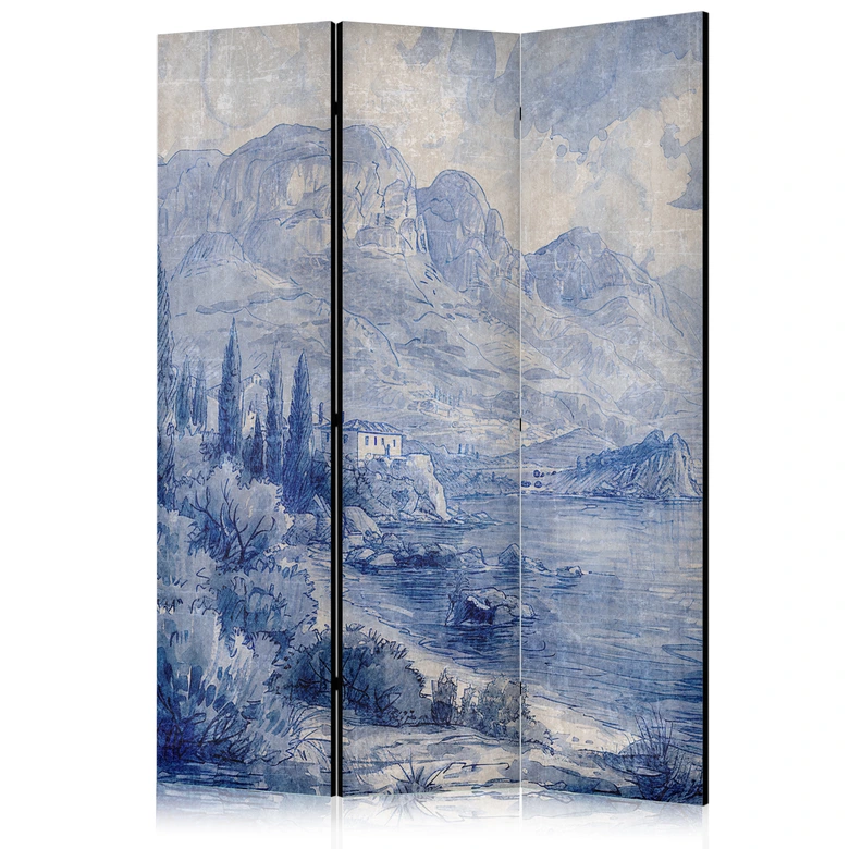 Paravent, Raumteiler freistehend, Trennwand - Italian Landscape - Lake Como Painted in Shades of Blue 