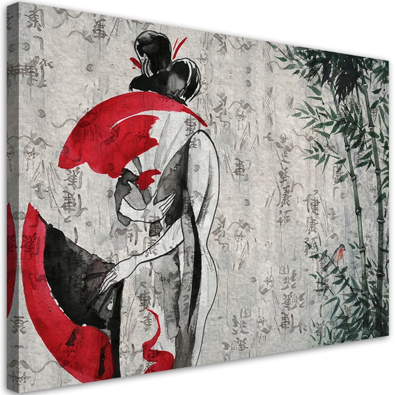Canvas schilderij, Japanse geisha met een ventilator 