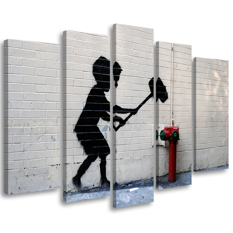 Impression sur toile en 5 parties, Banksy Hammer Boy Street 