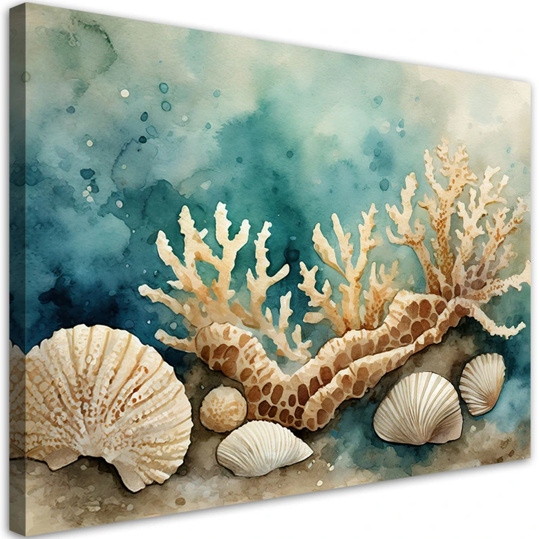 Leinwandbild, Muscheln und Seesterne türkis 