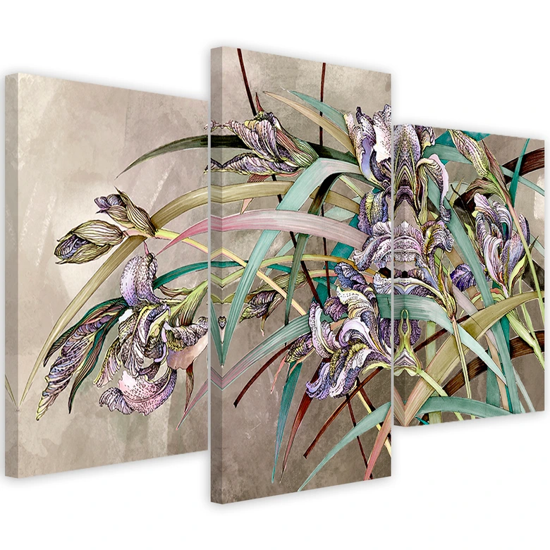 Leinwandbild 3 teilig, Iris Blumen im Wind 