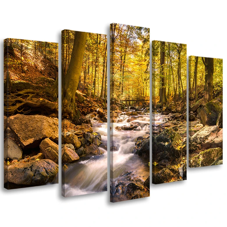 Leinwandbild 5 teilig, Herbstwald Bergbach 