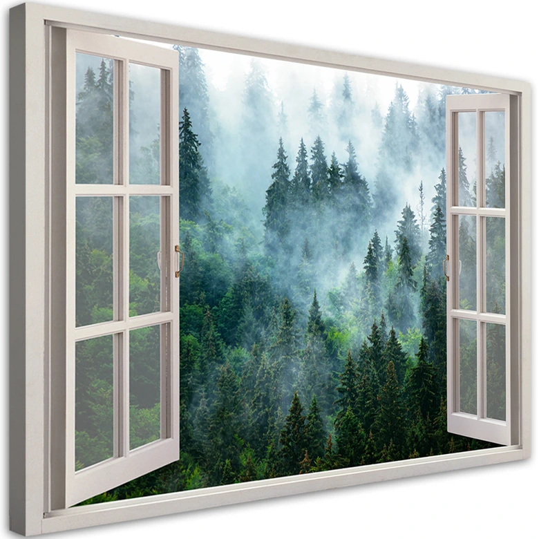 Leinwandbild, Fensterblick Wald im Nebel Natur 