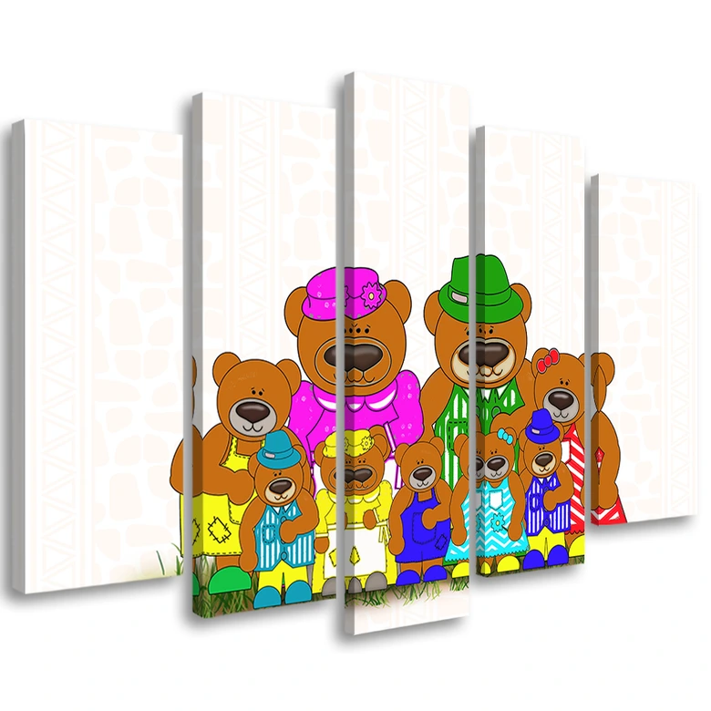 Leinwandbild 5 teilig, Bunte Teddybären Cartoon 