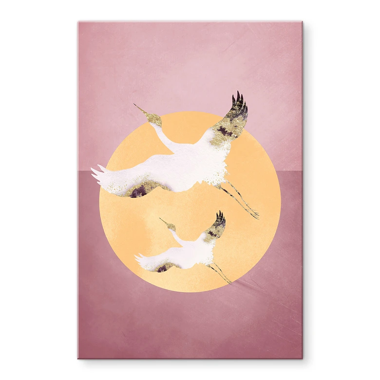 Tableau sur verre acrylique Grues blanches et or dans un ciel rose - Aureous 