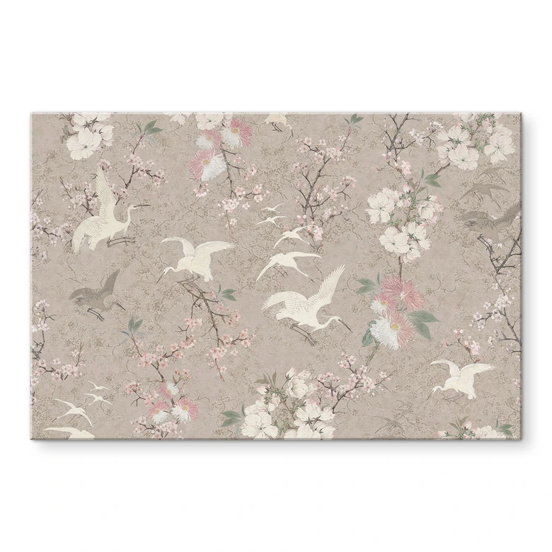 Acrylglasbild Kraniche im Kirschblüten-Rausch Beige - Bloomery Decor 
