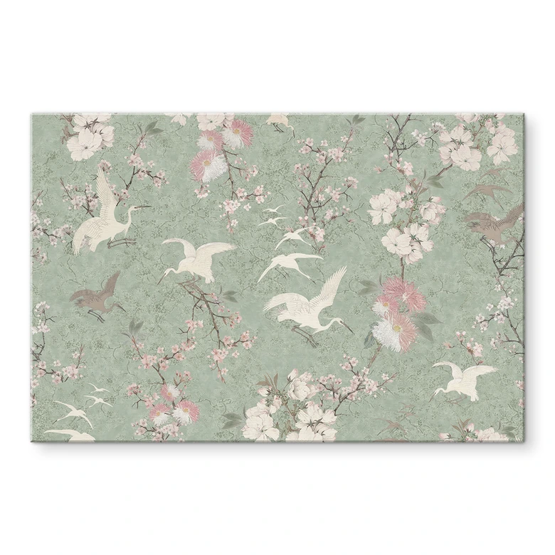 Acrylglasbild Kraniche im Kirschblüten-Rausch Grün - Bloomery Decor 