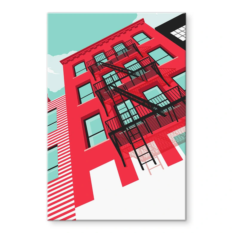 Acrylglasbild Rote Fassade mit Feuertreppe in New York - Heemskerk 