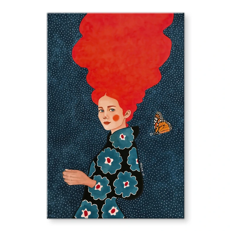 Acrylglasbild Frau im Blumenkleid mit Schmetterling - Hülya 