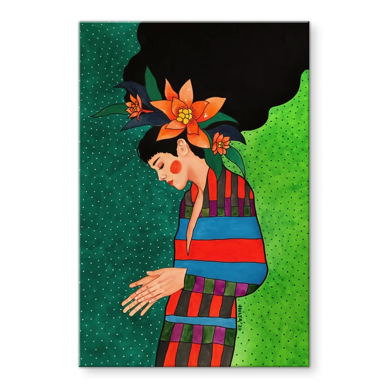 Acrylglasbild Frau im Streifenkleid mit orangen Blüten - Hülya 