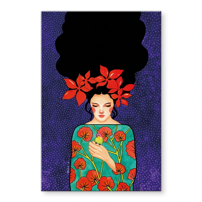 Acrylglasbild Frau mit roter Blütenkrone und Vogel - Hülya 