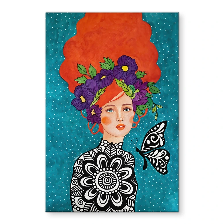 Acrylglasbild Schmetterlingsfrau mit Blütenkranz - Hülya 
