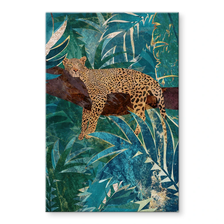 Tableau en verre acrylique Léopard dans la jungle émeraude - Manovski 