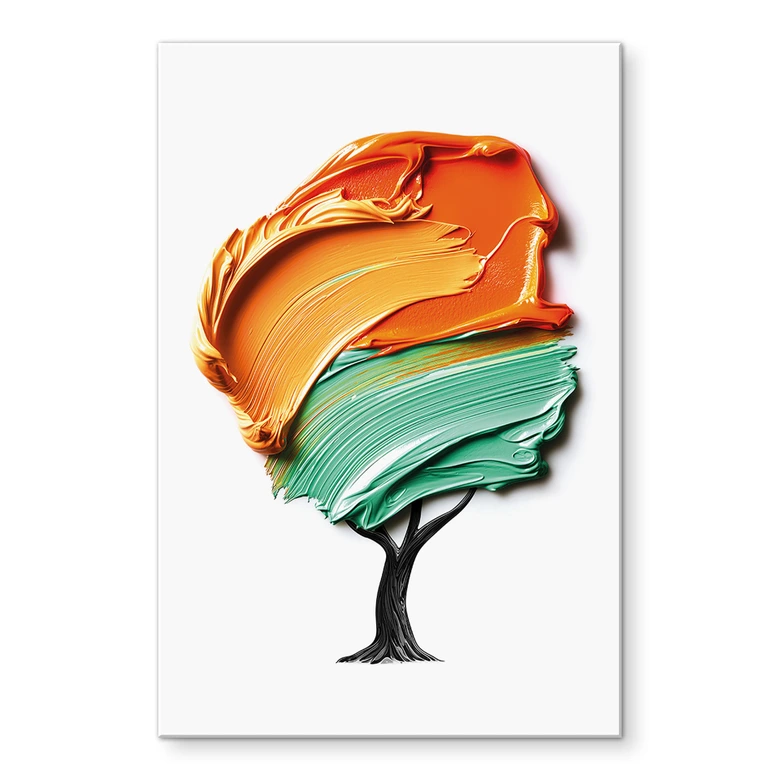 Tableau en verre acrylique Arbre avec couronne 3D orange et verte - Mielu 