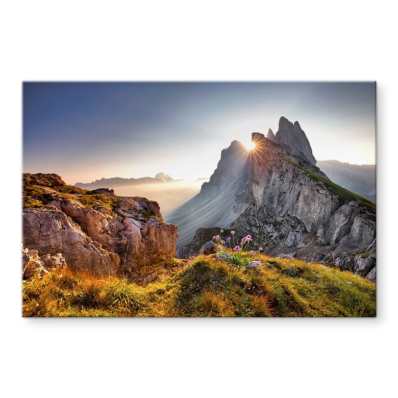 Tableau en verre acrylique Lever de soleil sur les montagnes du Tyrol du Sud 