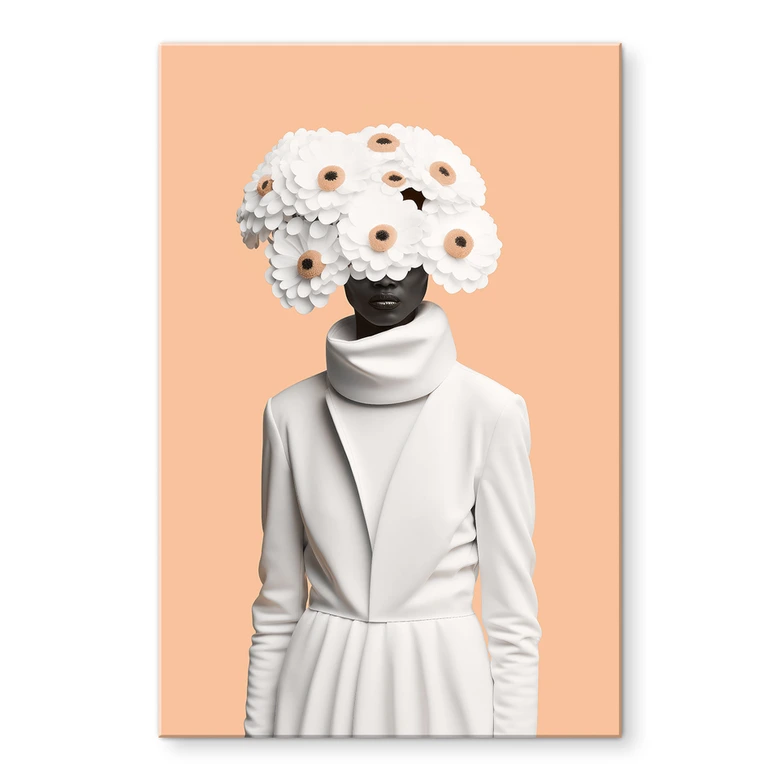 Tableau sur verre acrylique Dame en blanc avec des fleurs - Treechild 