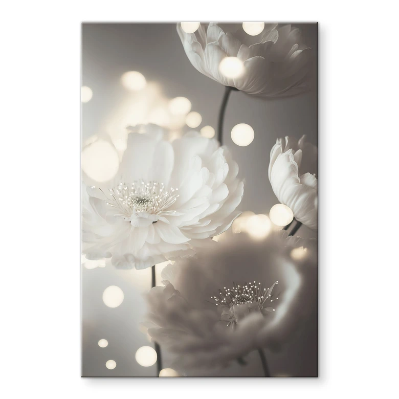 Tableau en verre acrylique Fleurs blanches dans un océan de lumière - Treechild 