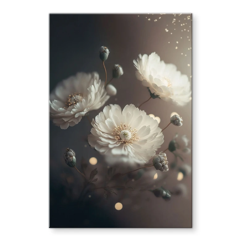 Tableau en verre acrylique Fleurs blanches avec poussière d'or - Treechild 