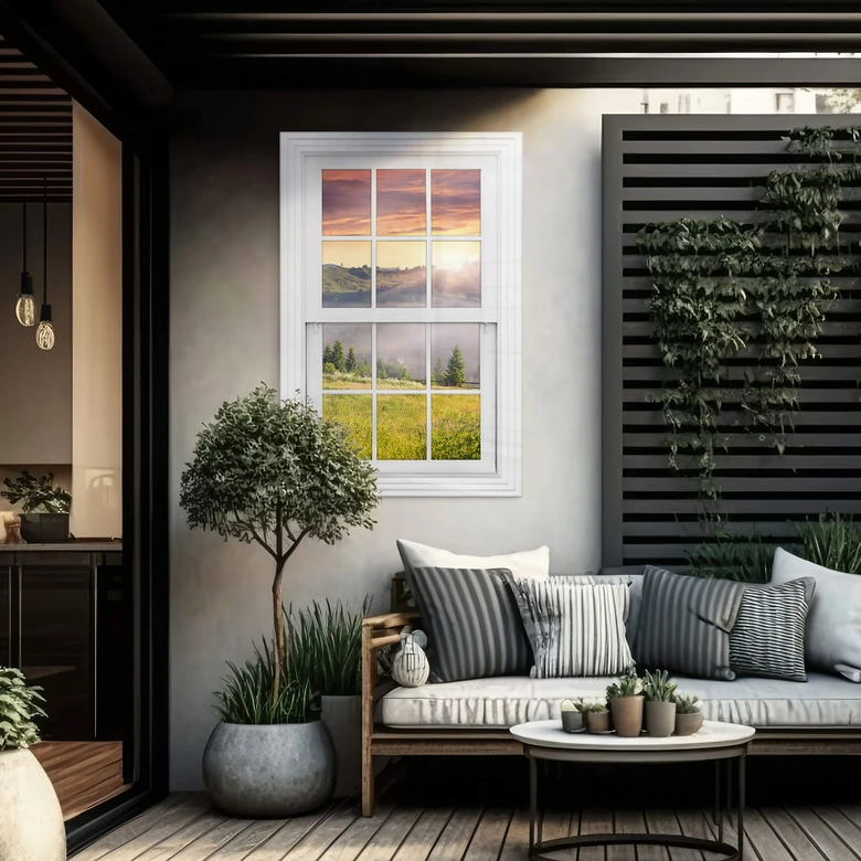 Acrylglasbild 3D Fenster - Bergtal im Nebel 