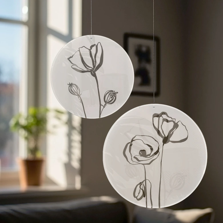 Acrylglasbild, Fensterbild zum Aufhängen - Line Art Zwei Mohnblumen - Cats & Dotz - Rund 