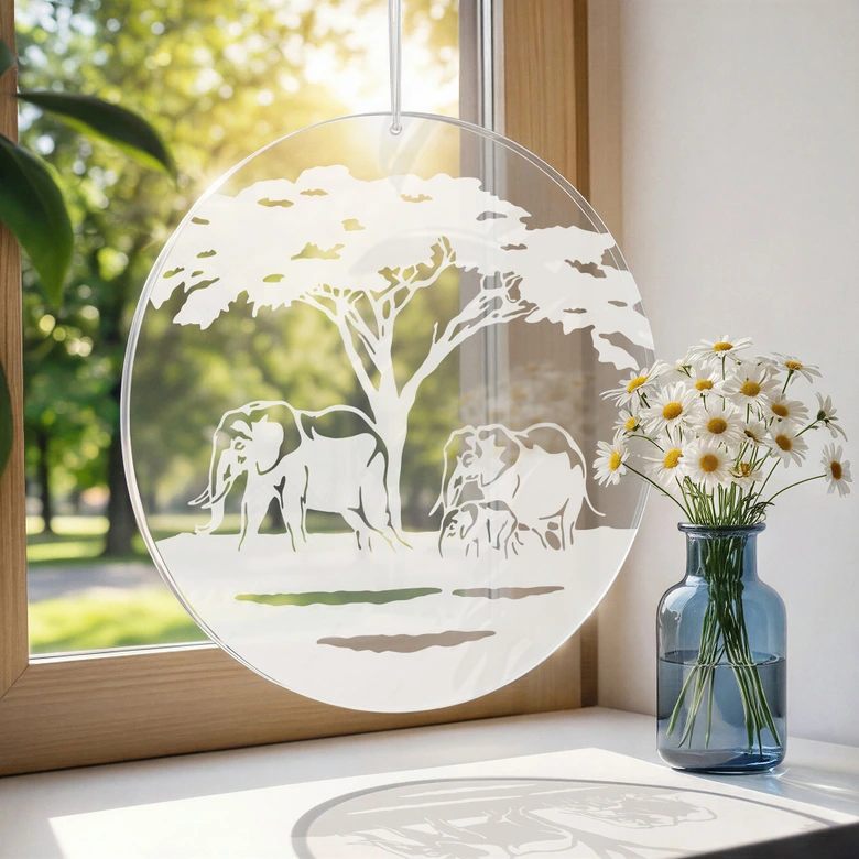 Acrylglasbild, Fensterbild zum Aufhängen Elefanten-Familie in Afrika - Rund 