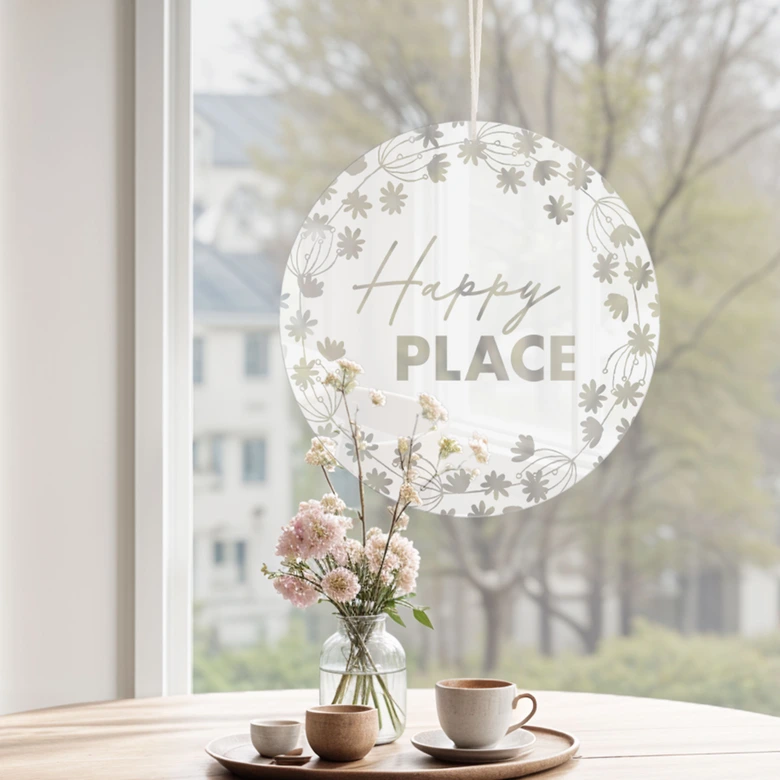 Acrylglasbild, Fensterbild zum Aufhängen Happy Place - Rund 