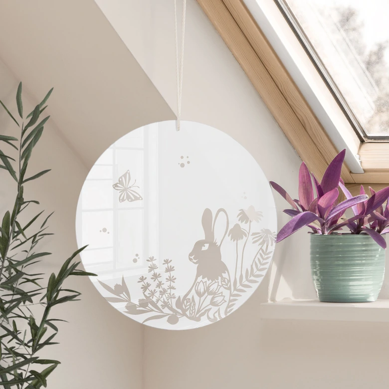 Tableau acrylique, tableau fenêtre à suspendre Lapin dans le pré fleuri - Rond 