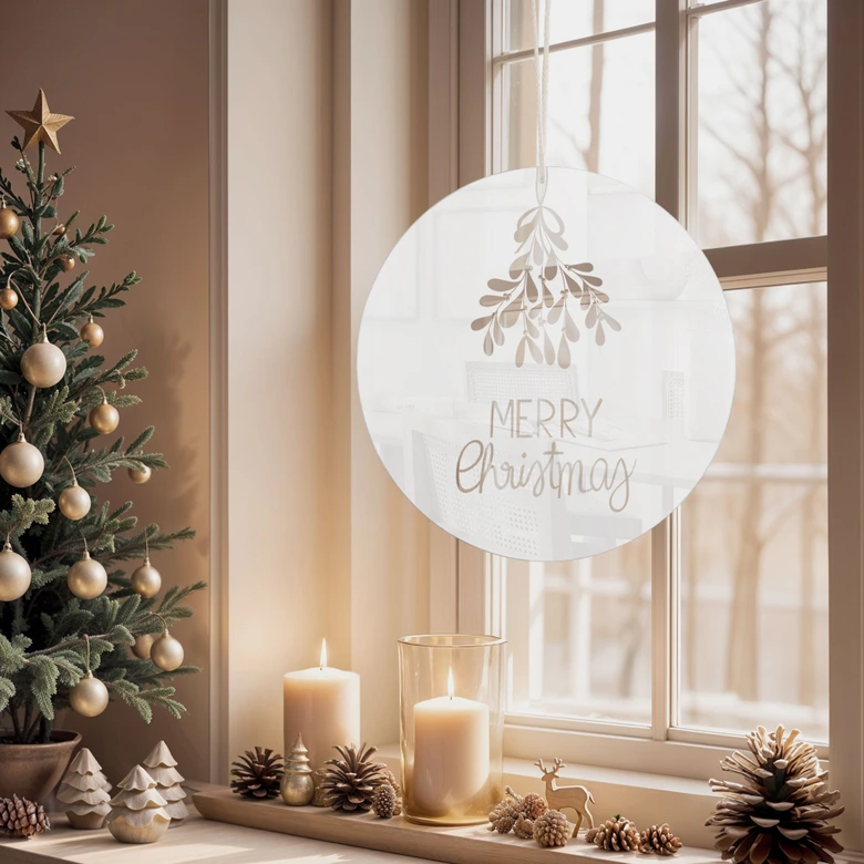 Acrylglasbild, Weihnachtsfensterbild zum Aufhängen - Merry Christmas mit Mistelzweig - Lisboa - Rund 