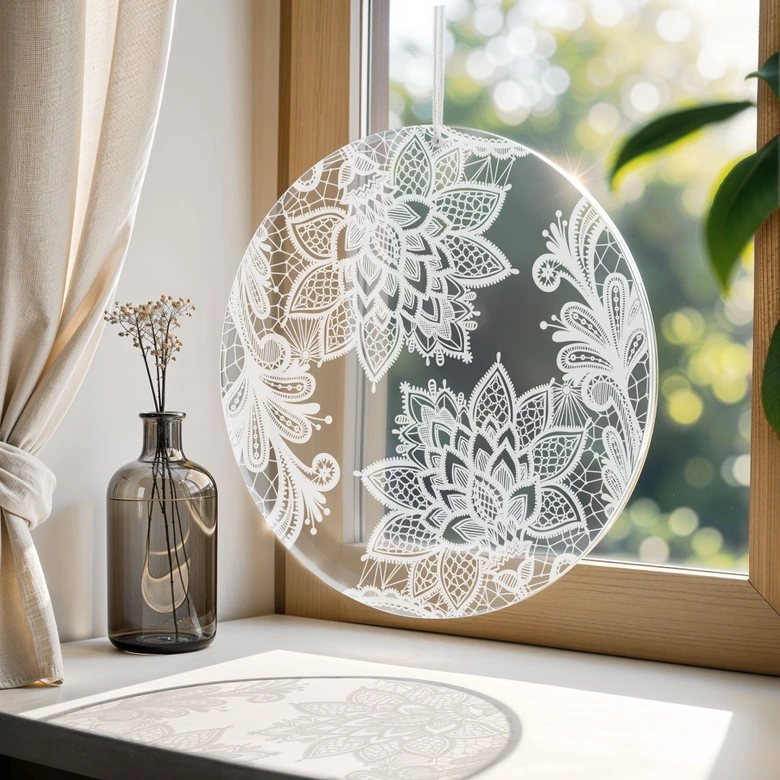 Acrylglasbild, Fensterbild zum Aufhängen Mandala-Blüten in Spitzen-Optik - Rund 