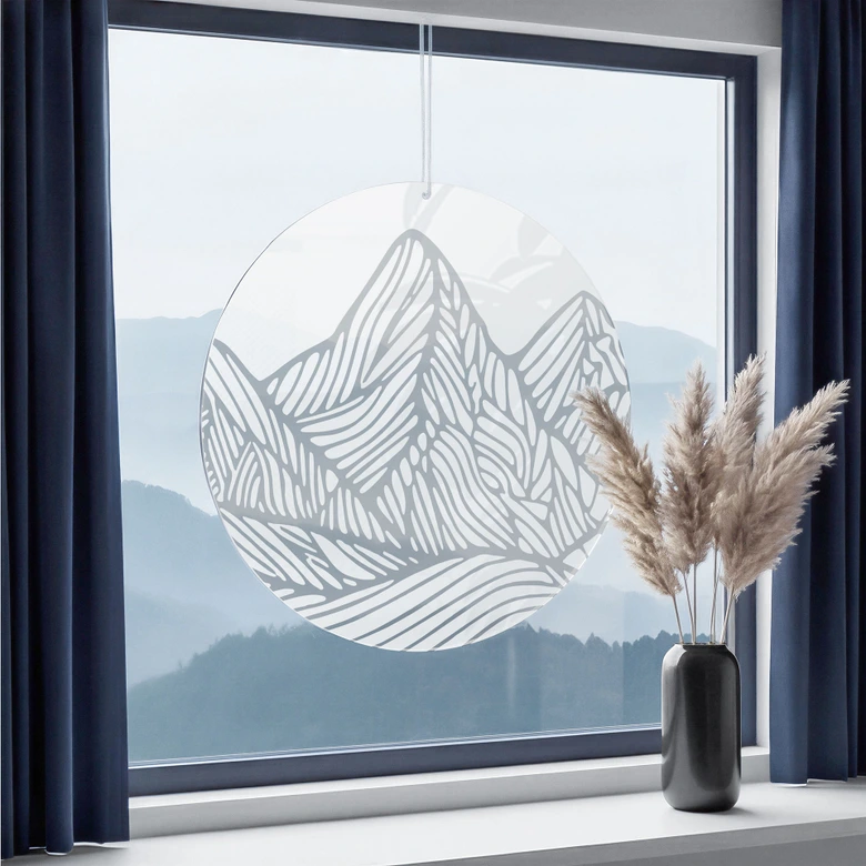 Acrylglasbild, Fensterbild zum Aufhängen Minimalistische Berglandschaft - Rund 