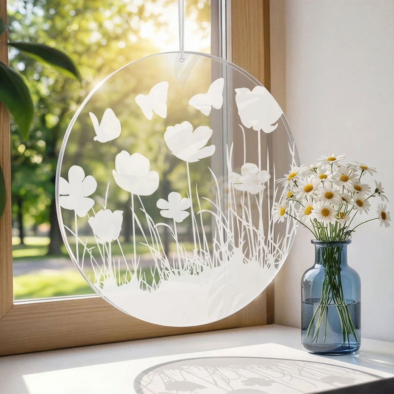 Acrylglasbild, Fensterbild zum Aufhängen Mohnblumen mit Schmetterlingen - Rund 