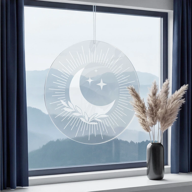 Acrylglasbild, Fensterbild zum Aufhängen Mondsichel mit Strahlenkranz - Rund 