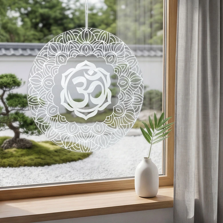 Acrylglasbild, Fensterbild zum Aufhängen Om-Zeichen mit Mandala - Rund 