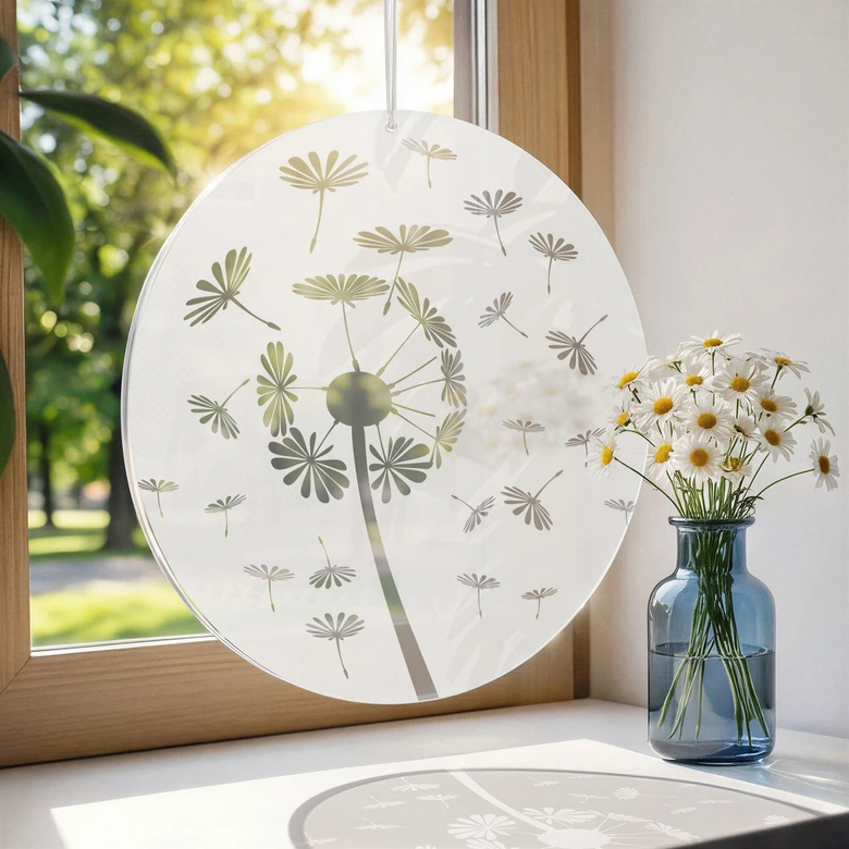 Acrylglasbild, Fensterbild zum Aufhängen Pusteblume im Wind - Rund 
