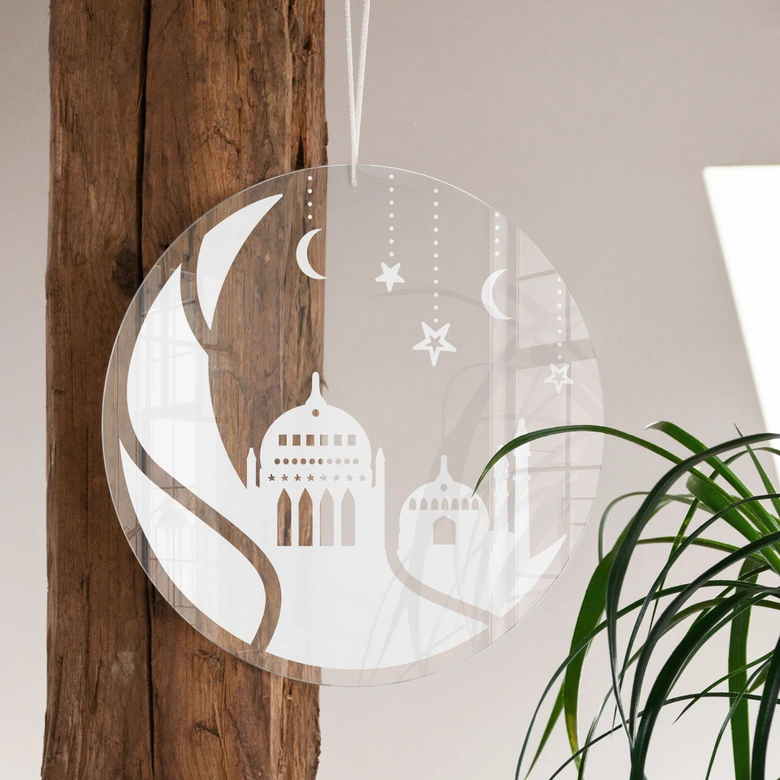 Acrylglasbild, Fensterbild zum Aufhängen Ramadan Kareem - Mondsilhouette - Rund 